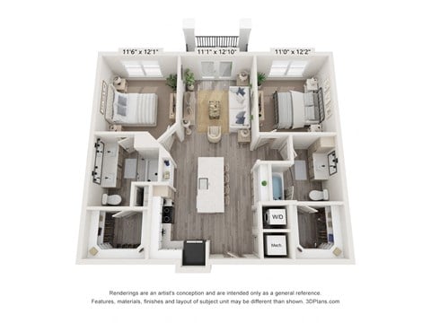 Floor plan for 2 beds, 2 baths, 1012 sqft
